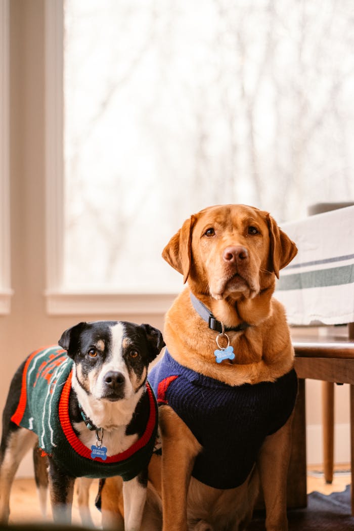 about-03 Two dogs wearing sweaters indoors near a bright window, creating a cozy atmosphere.